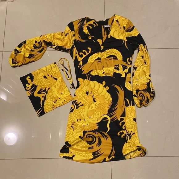 🎉Nieves Yellow & Black Print Dress w/ 3/4 Sleeve as seen on Sex in the City SzM - Picture 9 of 13
